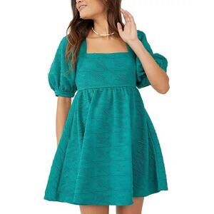 Free People Dress Small Babydoll Violet Square Neck Puff‎ Sleeve Green Tie Back